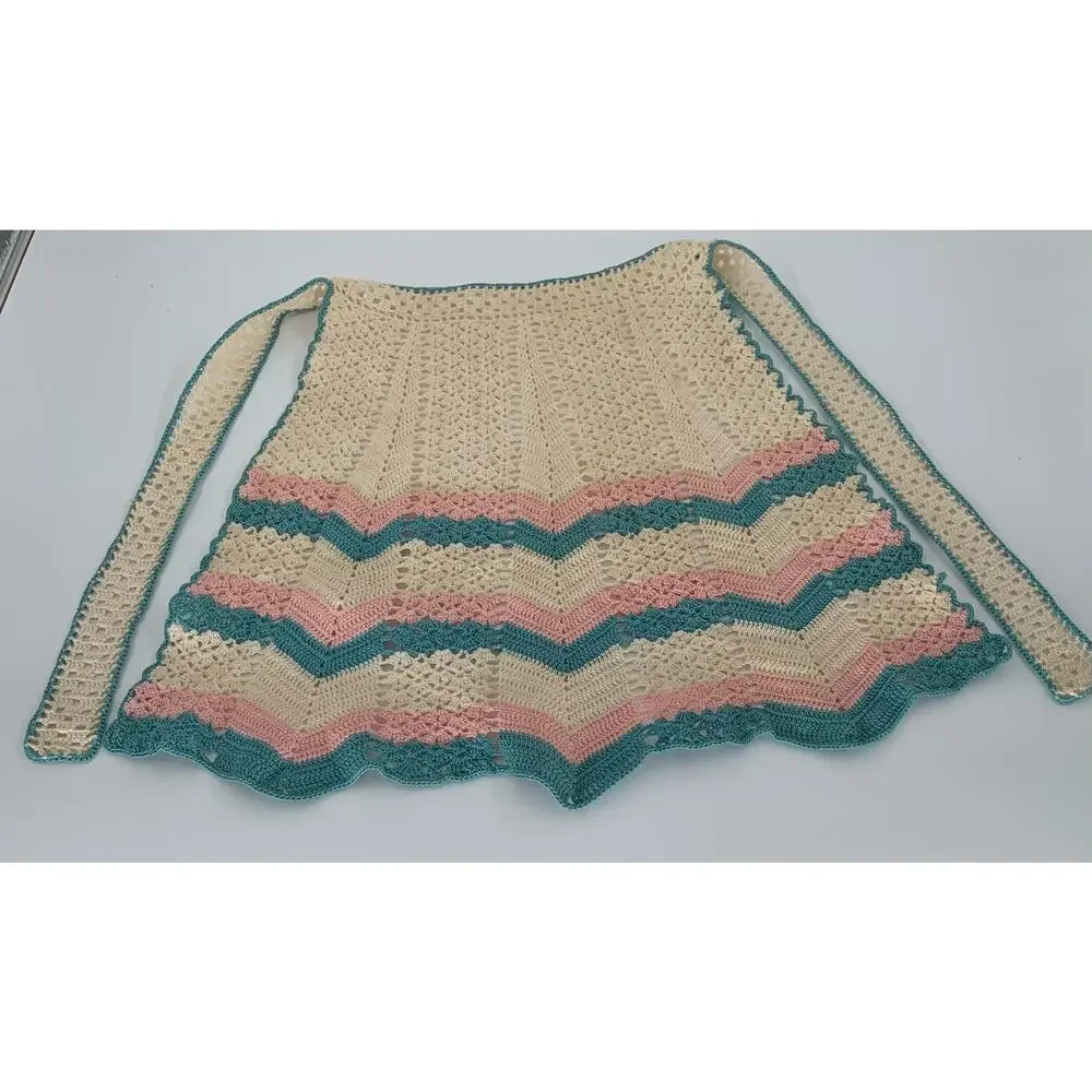 Crochet Apron Retro Striped Green Pink White Vintage Handmade Scalloped Hem